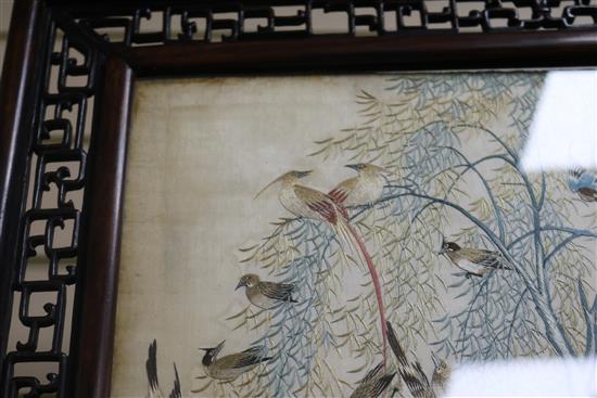 A Chinese hardwood framed fire screen, Emb. panel H.52cm,W.41cm